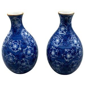 Pair Of Blue Floral Porcelain Vases With White Accents 4.5" Tall Pre-owned READ
